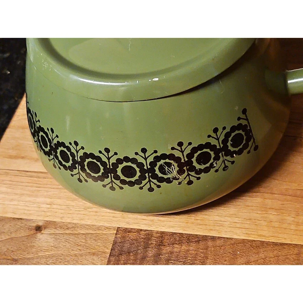 Vintage Green Enamel Fondue Pot Saucepan Floral MCM Boho Wood Handle 1970s